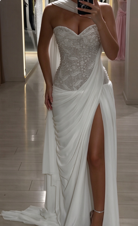 Elegant White Sheath Long Evening Dress Chiffon Beaded Prom Dress ED11983