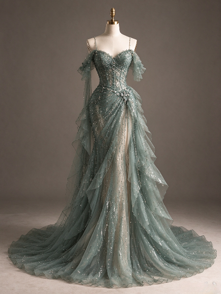 Vintage Green Prom Dress Sheath Chiffon Beaded Long Prom Dress ED11986