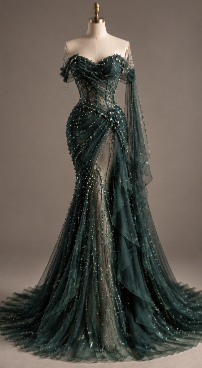 Vintage Dark Green Prom Dress Sheath Chiffon Beaded Long Prom Dress ED11987