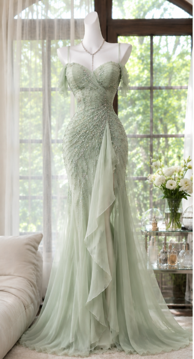 Vintage Green Prom Dress Sheath Chiffon Beaded Long Prom Dress ED11988