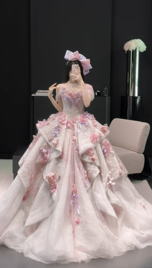Gorgeous Appliques Pink Prom Dress Sweet 16 Dress A-Line Tulle Long Evening Dress ED12000