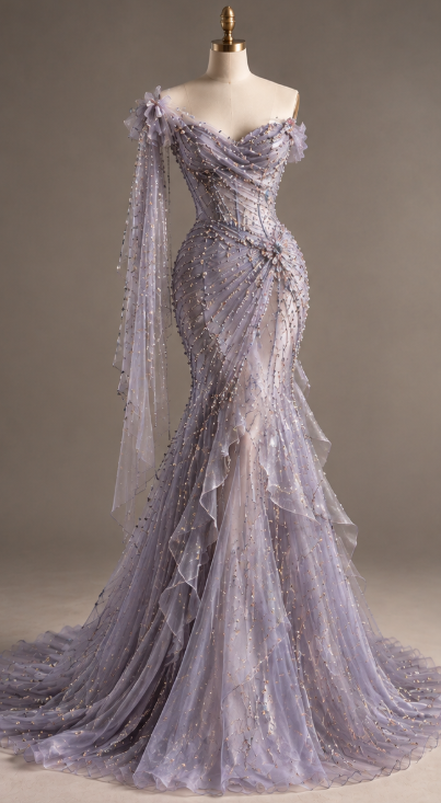 Vintage Light Purple Prom Dress Mermaid Beaded Chiffon Long Evening Dress ED12007