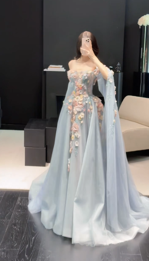 Fairy Blue Prom Dress A-Line Tulle Appliques Long Evening Dress ED12013