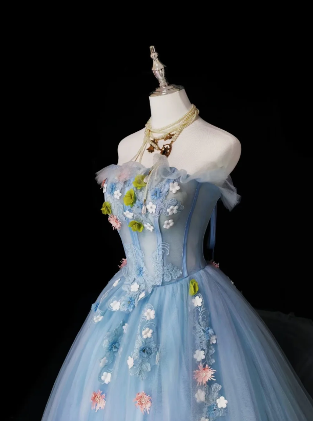 Fairy Blue Prom Dress A-Line Tulle Sweet 16 Dress Long Evening Dress ED12017