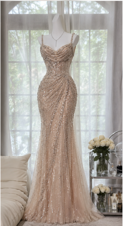 Chic Gold Prom Dress Sheath Chiffon Sequins Long Evening Dress ED12021