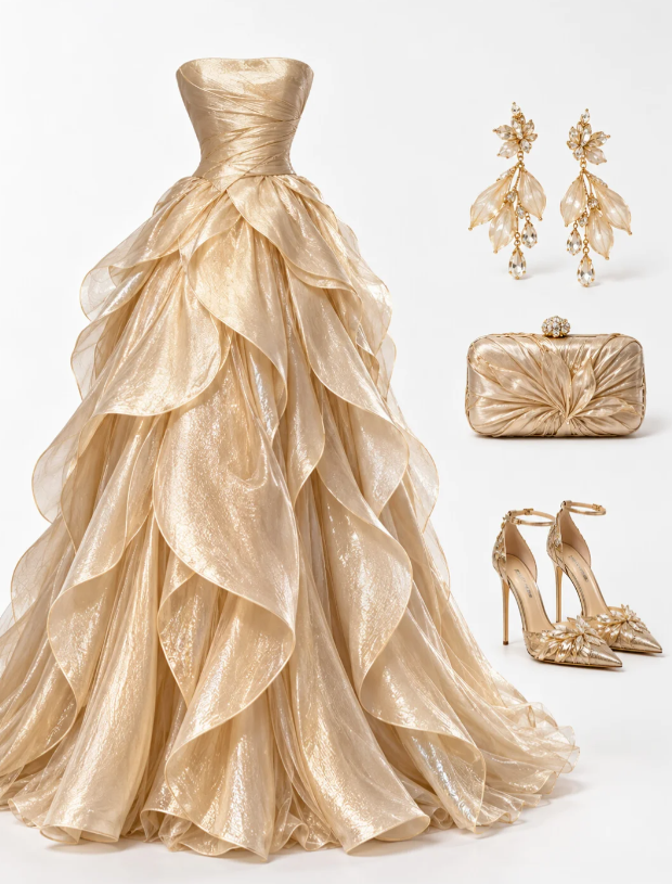 Chic Gold Prom Dress A-line Chiffon Long Evening Dress ED12022