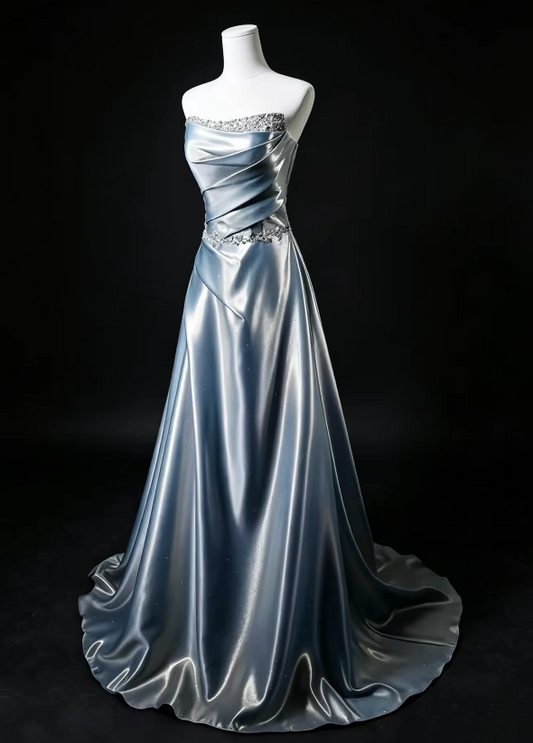 Chic Blue Prom Dress A-Line Satin Long Evening Dress ED12033