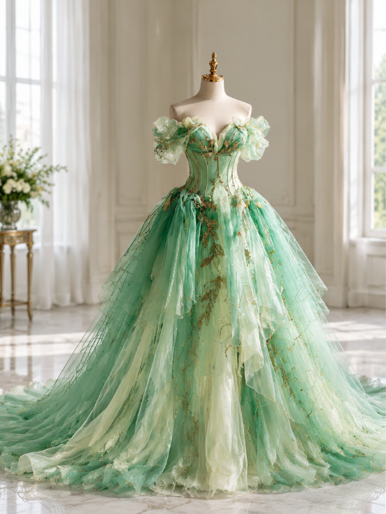 Feenhaftes grünes Ballkleid, A-Linie, langes Abendkleid aus Tüll ED12052