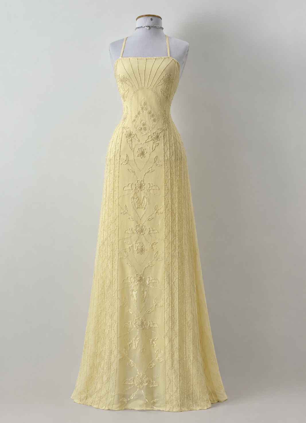 Wunderschönes gelbes, figurbetontes, langes Abendkleid aus Chiffon mit Perlenbesatz ED12062