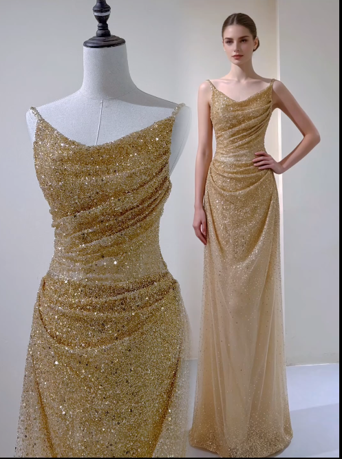 Gorgeous Gold Prom Dress Sheath Glitter Tulle Long Evening Dress ED12067
