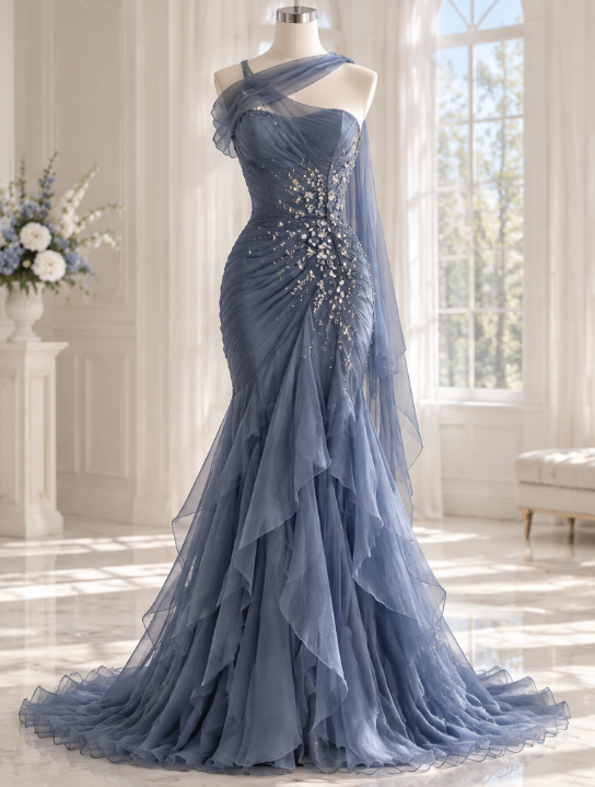Hübsches staubblaues, figurbetontes langes Abendkleid aus Chiffon ED12079