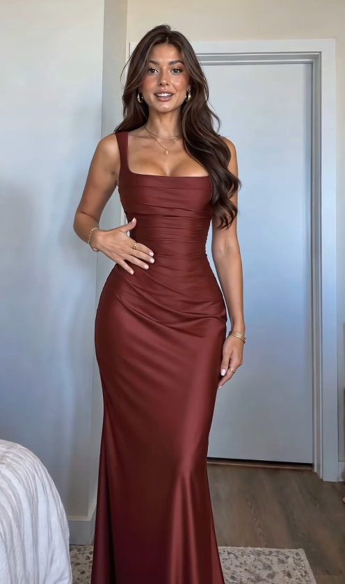 PrePretty Burgunderrotes Satin-Etuikleid, langes Abendkleid für den Abschlussball ED12079