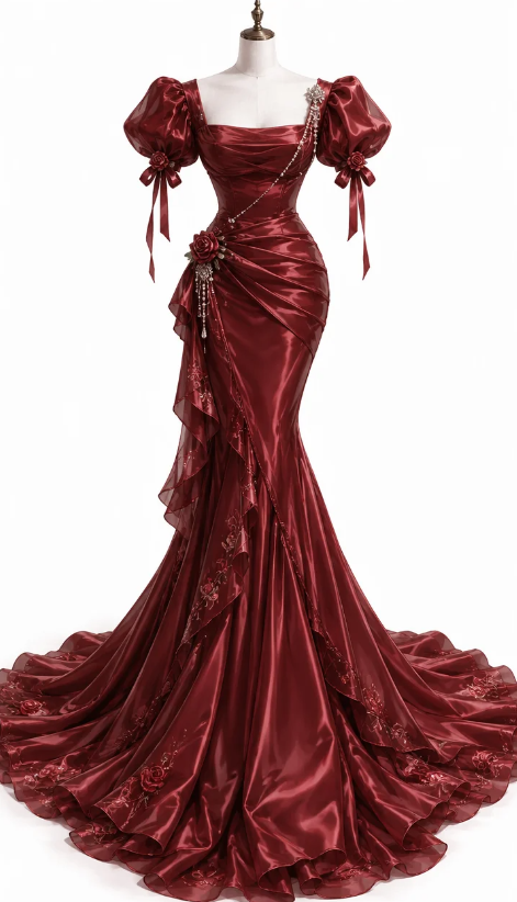 Wunderschönes rotes, figurbetontes langes Abendkleid aus Satin ED12092