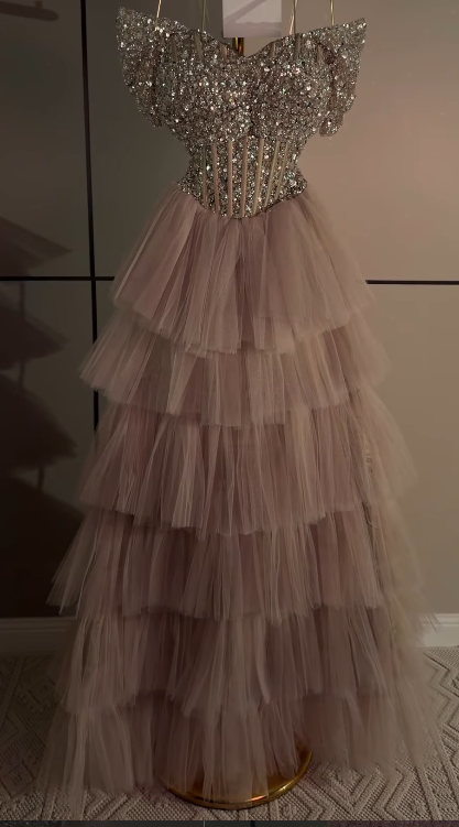 Gorgeous Pink Prom Dress A-Line Tulle Sequins Long Evening Dresses ED12097