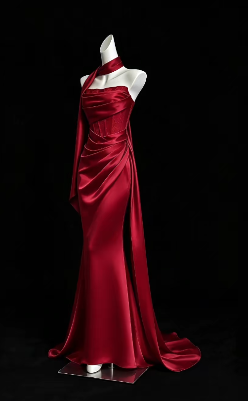 Robe de soirée longue simple rouge en satin fourreau pour invitée de mariage ED12123