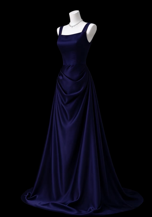 Robe de soirée longue simple bleu marine pour invitée de mariage, robe fourreau en satin ED12124