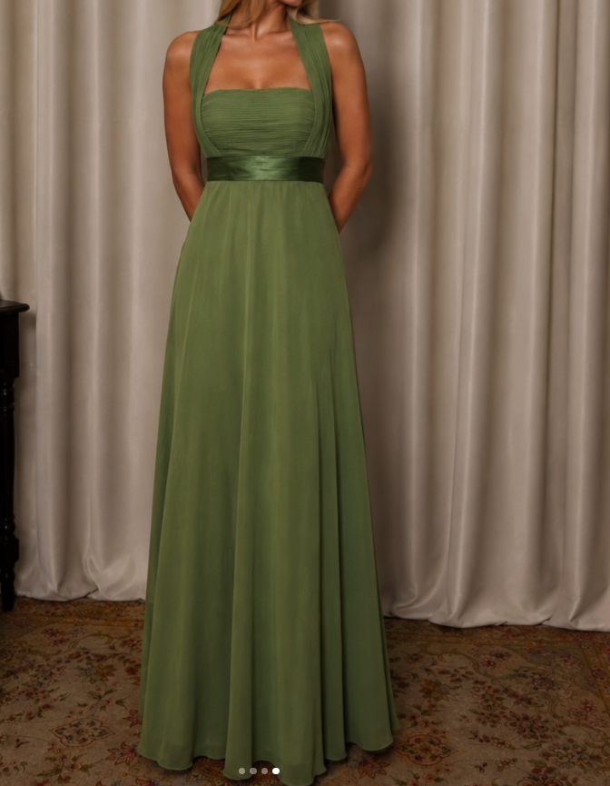 Simple Olive Green Wdding Guest Dress Sheath Chiffon Long Evening Dress ED12127