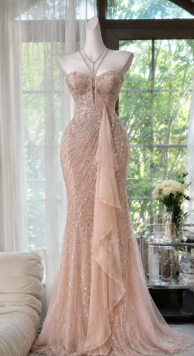 Pretty Blush Pink Prom Dress Sheath Beaded Chiffon Long Evening Dress ED12136