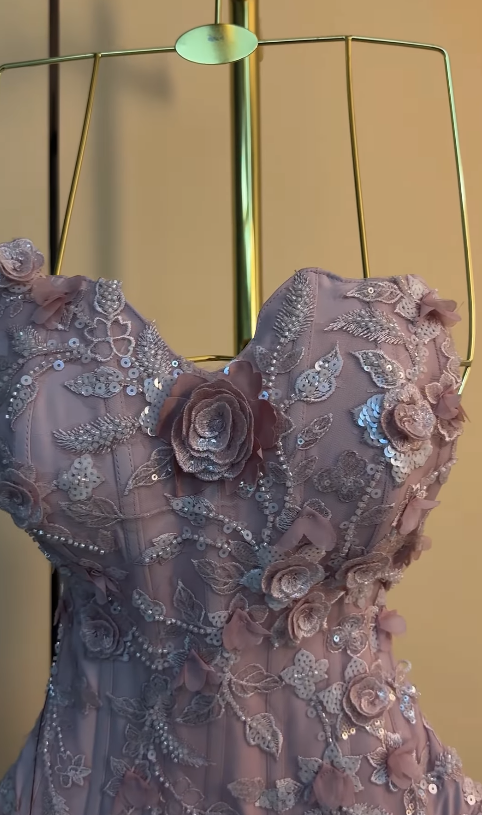 Jolie robe de bal rose Robe de soirée longue fourreau en mousseline à appliqués ED12139