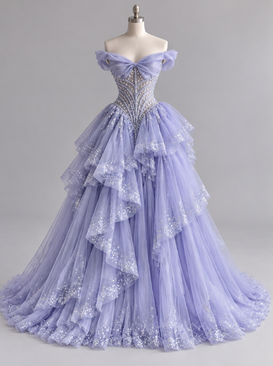 Robe de bal chic violet clair, robe de soirée longue trapèze en tulle ED12155