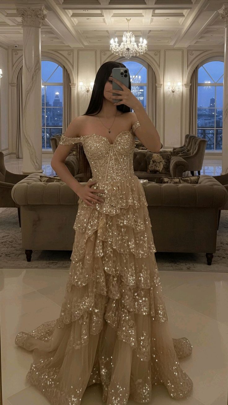 Robe de bal chic dorée coupe trapèze en tulle à sequins robe de soirée longue ED12156