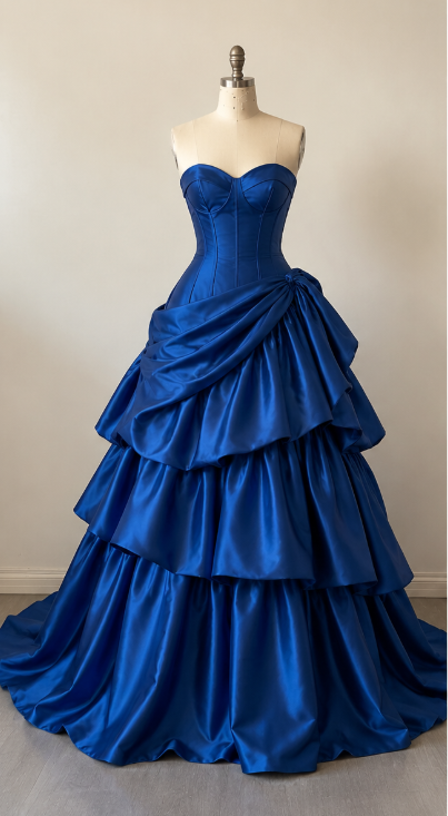 Magnifique robe de bal bleue, robe de soirée longue en satin de coupe trapèze ED12165