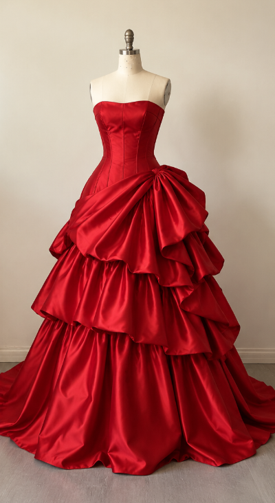 Magnifique robe de bal rouge, robe de soirée longue en satin de coupe trapèze ED12166