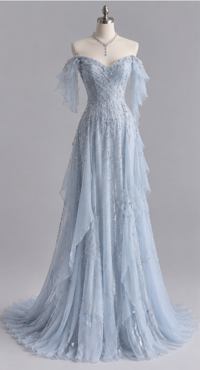 Magnifique robe de bal bleu pâle, robe de soirée longue fourreau en mousseline ornée de perles ED12167