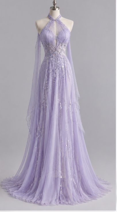 Magnifique robe de bal violet clair, robe de soirée longue fourreau en mousseline ornée de perles ED12168