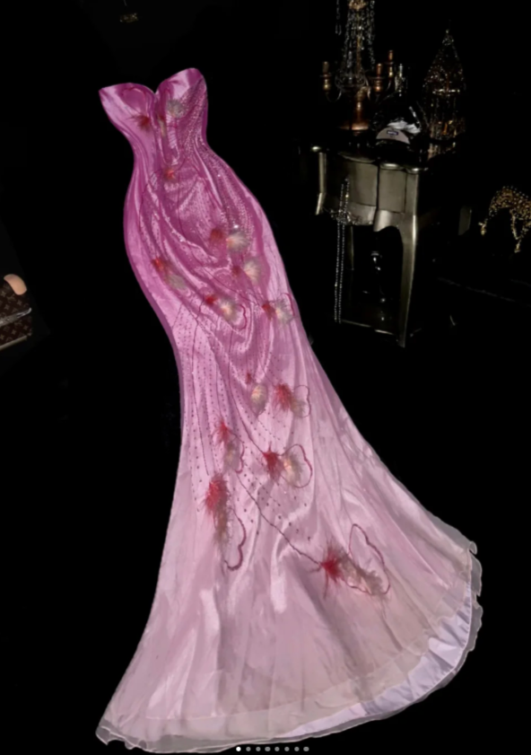 Jolie robe de bal rose, robe de soirée longue fourreau en mousseline ornée de perles ED12178