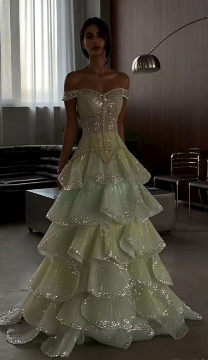 Pretty Green Prom Dress A-line Tulle Sequins Long Evening Dress ED12180