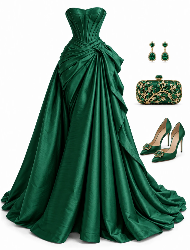 Jolie robe de bal vert foncé, robe de soirée longue en satin, coupe trapèze ED12181