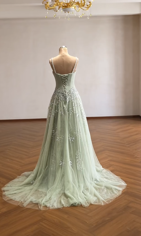 Niedliches, salbeifarbenes A-Linien-Ballkleid aus Chiffon mit Pailletten, langes Abendkleid ED12188