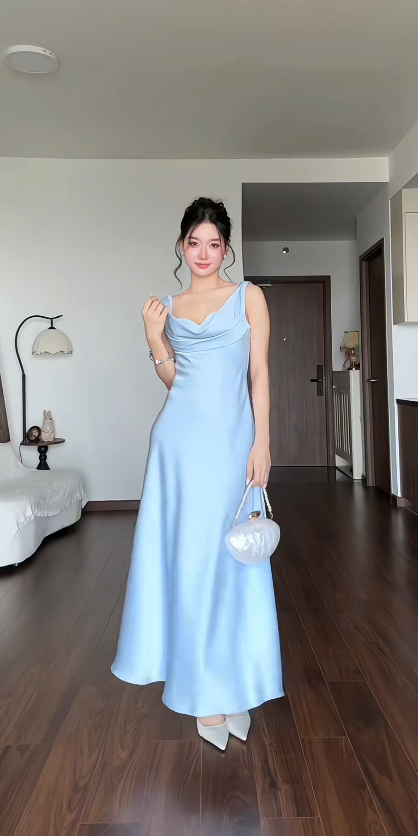 Pretty Blue Prom Dress Sheath Satin Long Evening Dress ED12189