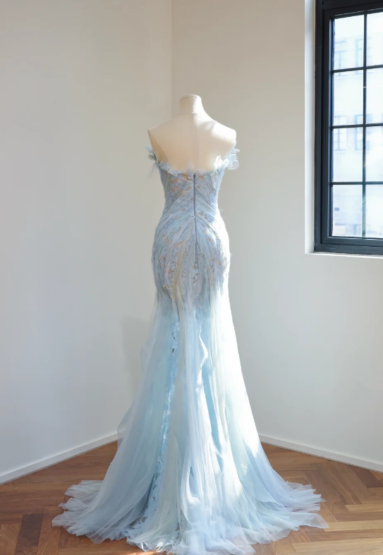 Pretty Blue Prom Dress Mermaid Tulle Long Evening Dress ED12190