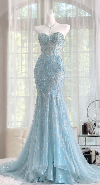 Pretty Blue Prom Dress Chiffon Sheath Beaded Long Evening Dress ED12191