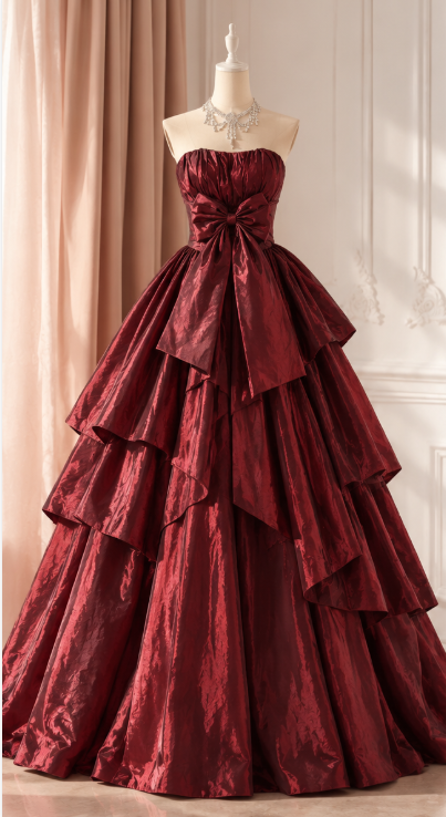 Jolie robe de bal bordeaux en satin, coupe trapèze, longue robe de soirée ED12197