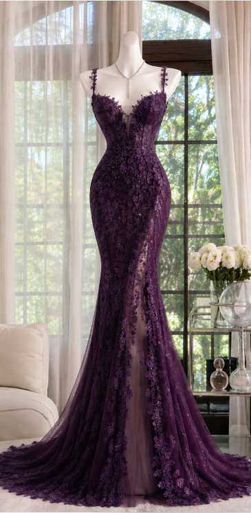 Jolie robe de bal bordeaux, robe de soirée longue fourreau en dentelle ED12199