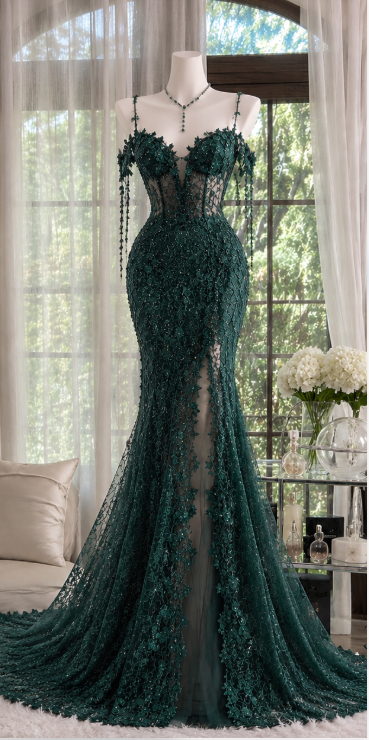 Pretty Dark GreenProm Dress Sheath Lace Beaded Long Evening Dress ED12200