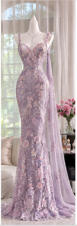 Hübsches helllila Abendkleid, figurbetont, mit Spitze und Schlitz, langes Ballkleid ED12203