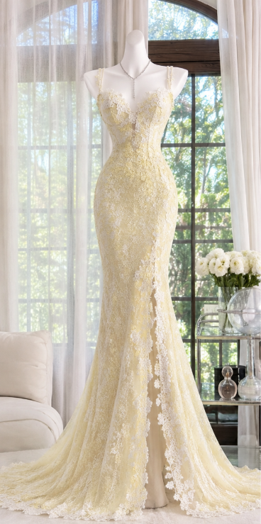 Chic Yellow Prom Dress Sheath Lace Long Evening Dress ED12205