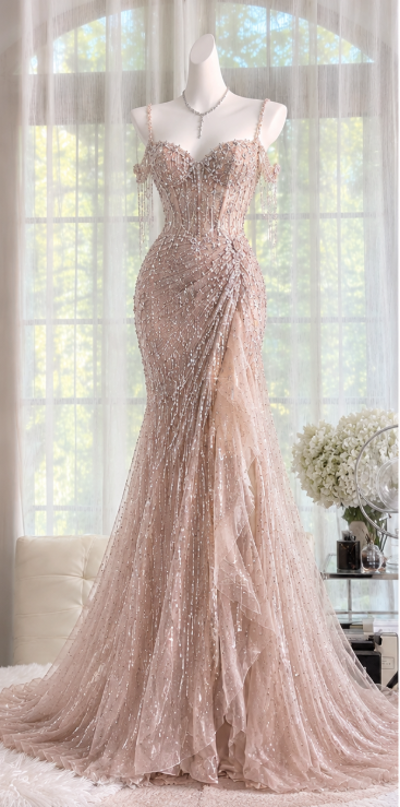 Chic Light Champagne Prom Dress Sheath Chiffon Sequins Long Evening Dress ED12206