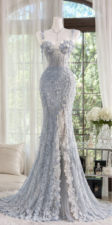 Gorgeous Sheath Lace Long Evening Dress Pale Blue Prom Dress ED12236