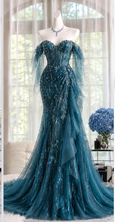 Gorgeous Sheath Chiffon Beaded Long Evening Dress Teal Prom Dress ED12238