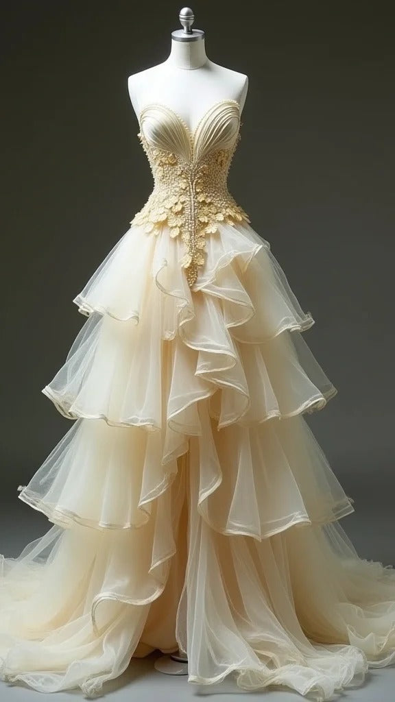 Gentle Apricot Sweetheart A-line Tulle Layered Ball Gown Evening Dresses with Lace Appliques