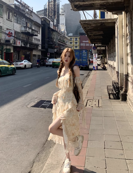 French Tea Break Ruffle Chiffon Floral Sling Dress ED0429