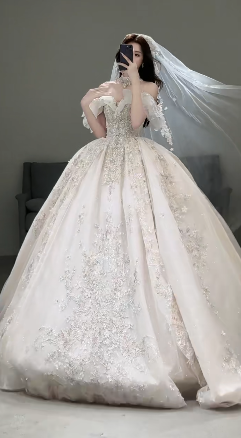 Timeless Off-the-shoulder Ball Gown Glitter Tulle Long Wedding Dresses, White Bridal Gowns, Appliqué Bridal Dresses ED05166