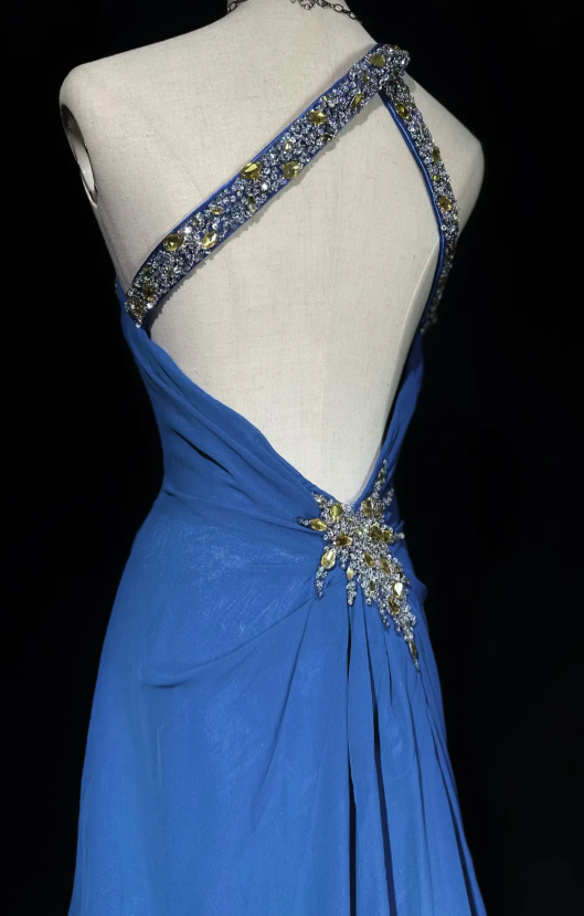 Chic One-shoulder Sheath Long Prom Dresses Rhinstones Chiffon Blue Evening Dresses Sleeveless Christmas Dresses ED5621