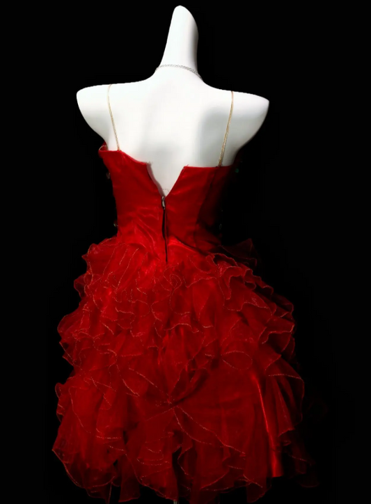 Chic Red Hoco Dress A-Line Birthday Dress Spaghetti Straps Tulle Party Dress ED09367