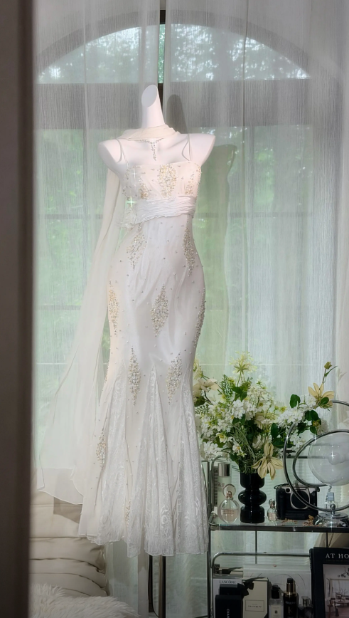 Chic White Prom Dress Spaghetti Straps Mermaid Chiffon Beaded Long Eve – EvaFashionDress